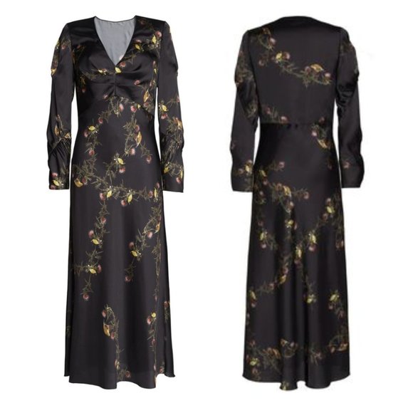 Lake Studio Satin Maxi Dress Sz 38 Black Floral Print V-neck Long Sleeves